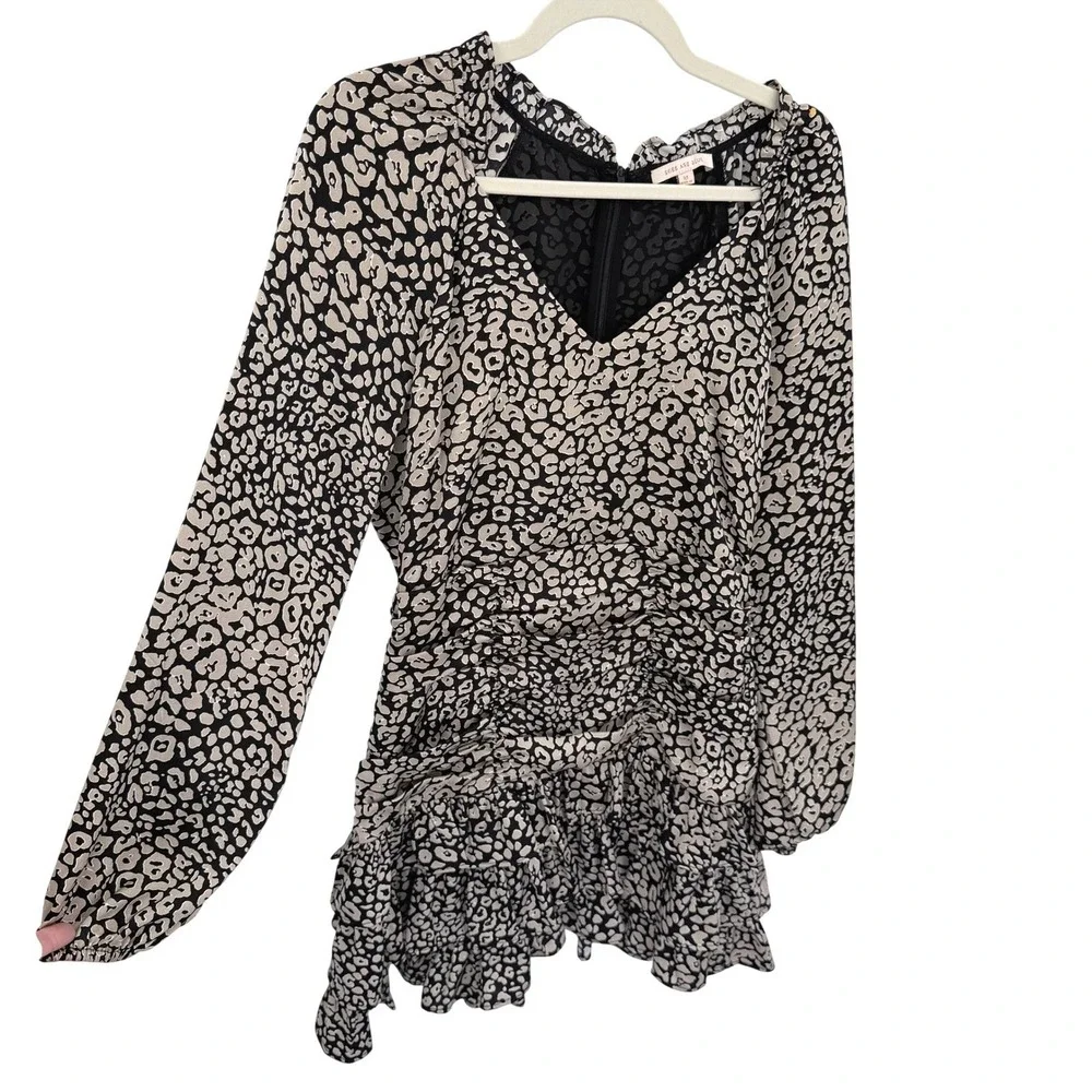 Skies Are Blue Leopard Print Ruched Tiered Ruffle Mini Dress Tan‎ Black 98546